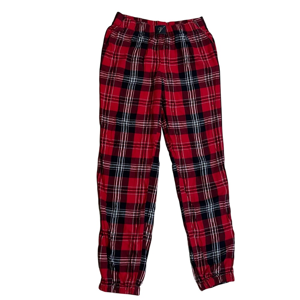 Victoria's Secret Pajama Joggers Women XS Red Plaid Holiday Cozy Metallic Pants